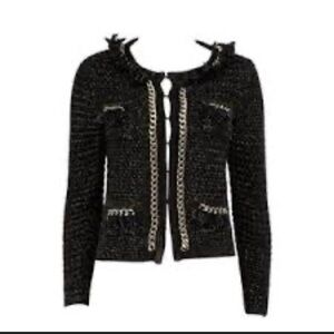 Elisabetta Franchi Chic Black Tweed Blazer with Gold Chain Chain Detail